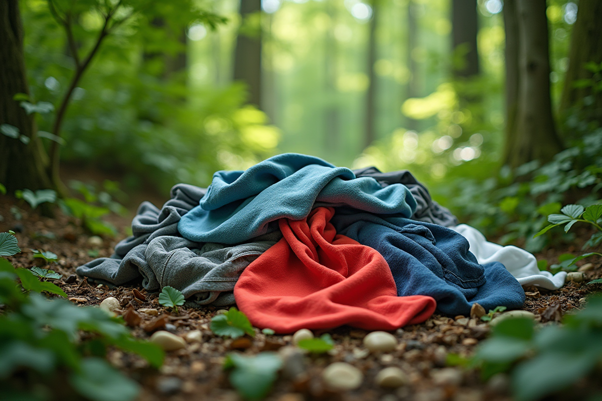 Vêtements de mode rapide abandonnés dans la forêt verte