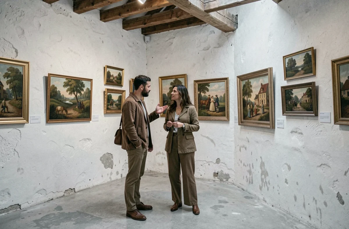 Deux visiteurs discutant devant des peintures françaises du milieu du 20ème siècle dans une petite galerie d'art indépendante aux murs blanchis à la chaux
