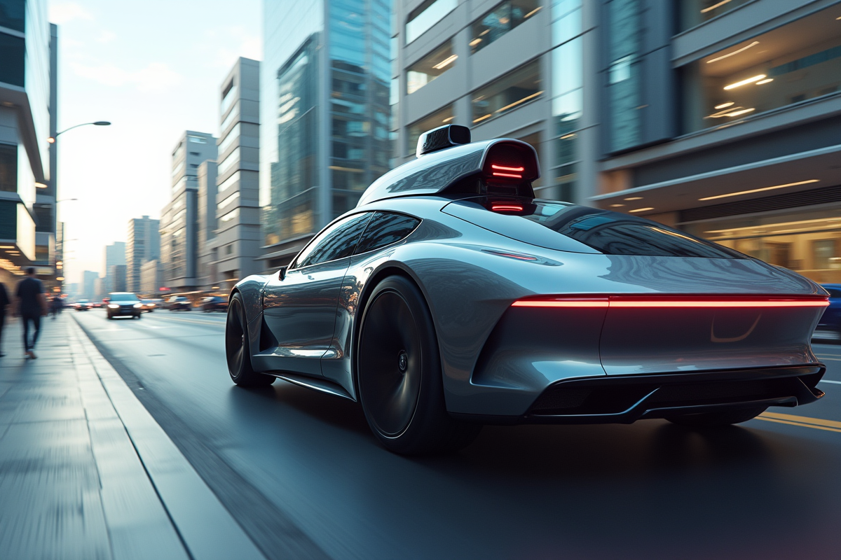 Voiture autonome moderne dans une ville futuriste en journée
