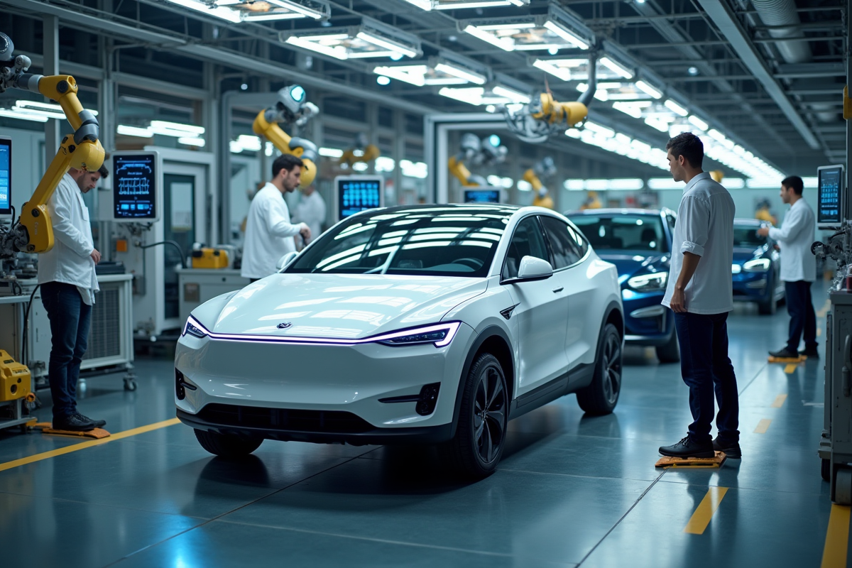 Voiture électrique moderne en assemblage par robots dans une usine propre