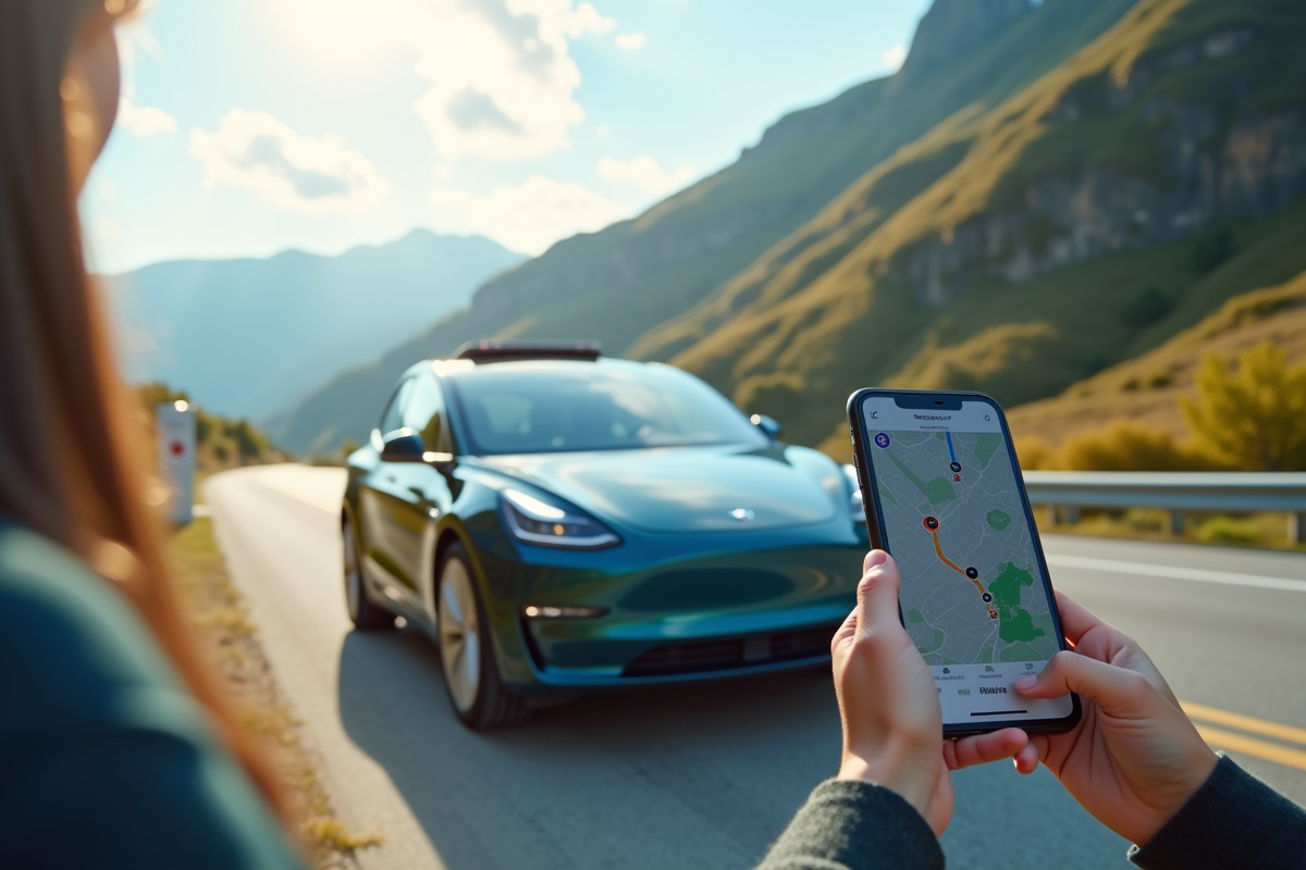 Voiture électrique en charge sur une route ensoleillée avec application de covoiturage