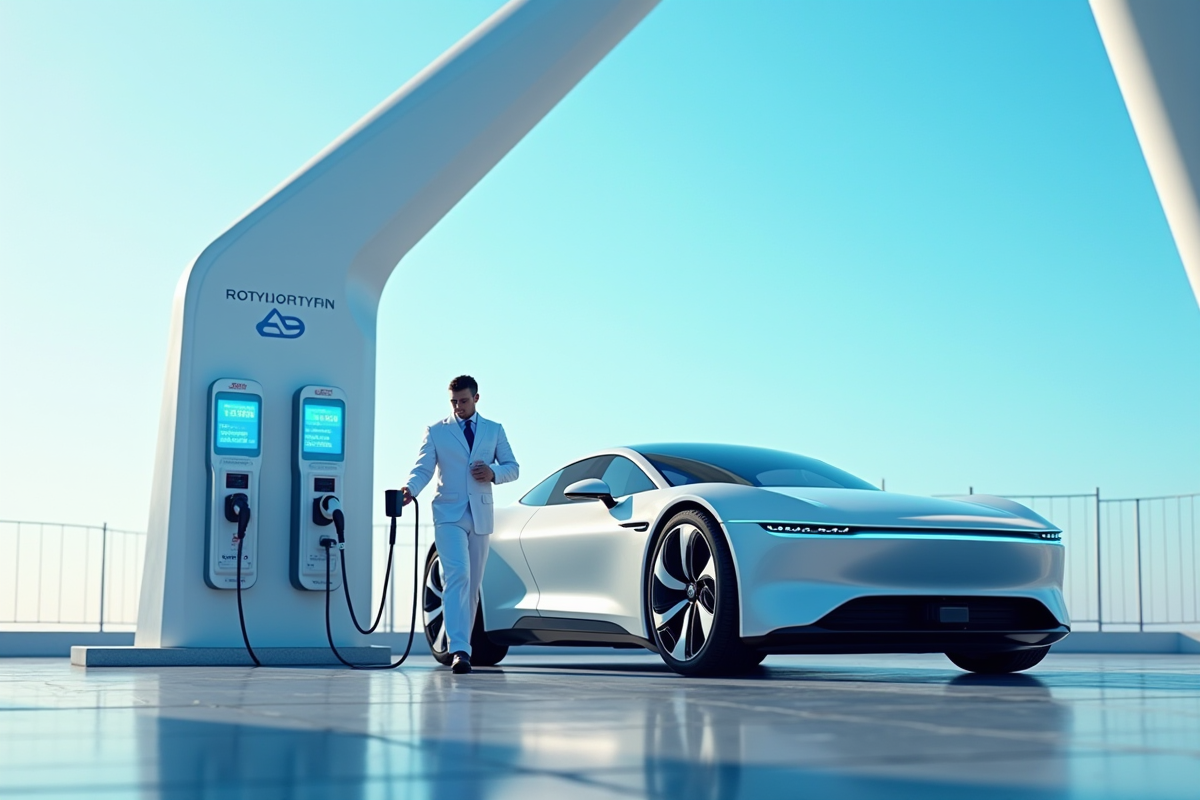 Voiture à hydrogène moderne à une station futuriste en journée