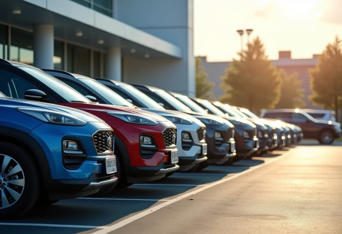 Ligne de SUV compacts dans un parking moderne ensoleille