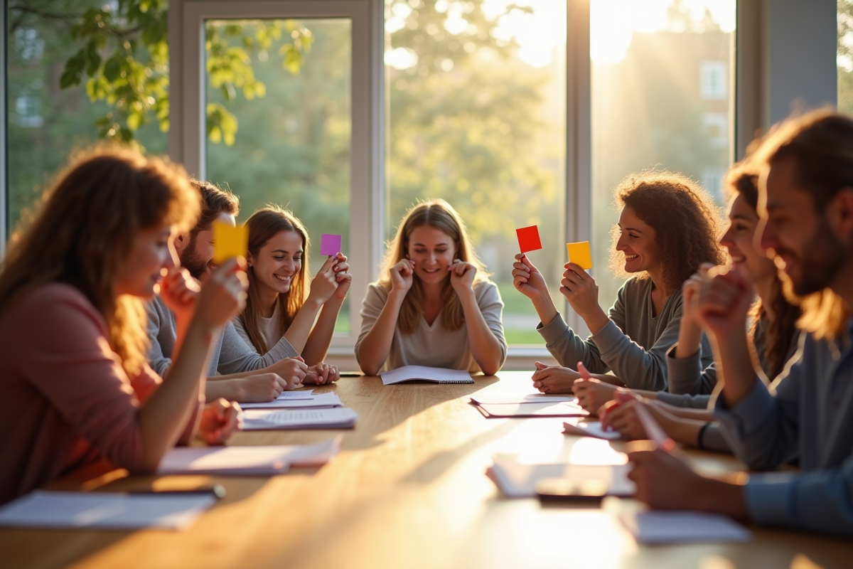 Groupe divers votant avec cartes dans une salle lumineuse