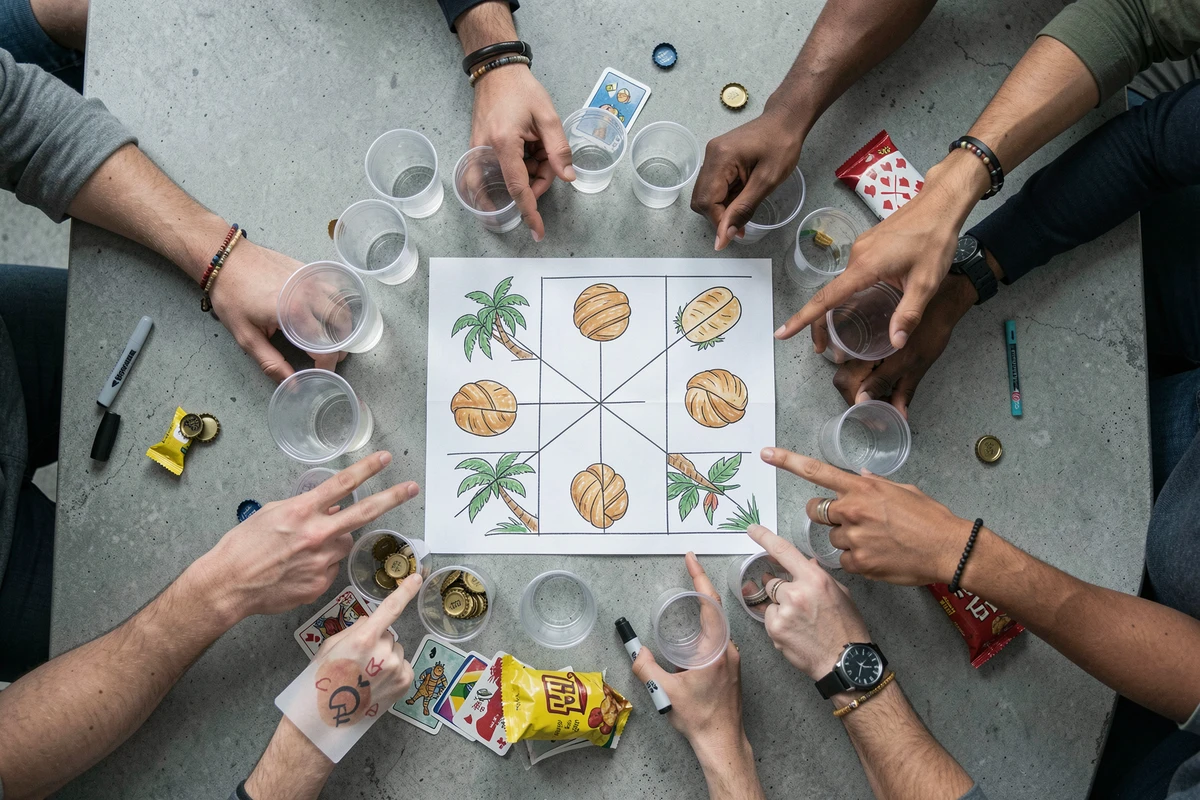 Vue aérienne d'une table de jeu étudiant avec des verres en plastique et des cartes du jeu du palmier