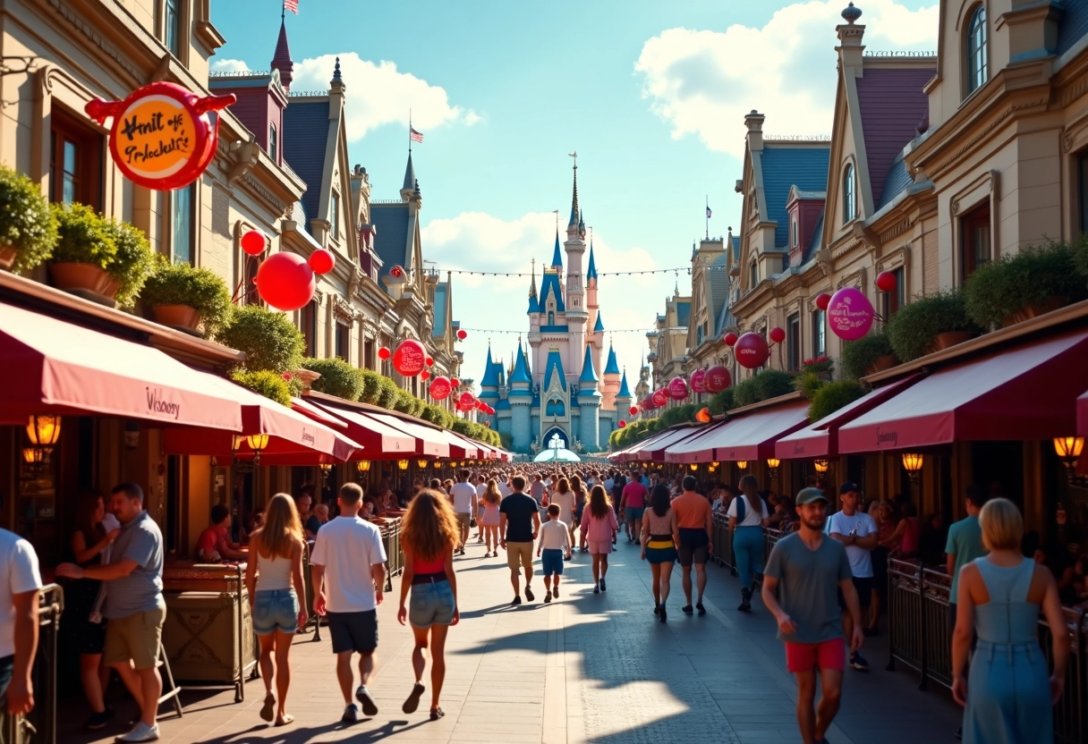 Vue aérienne de Main Street à Disneyland Paris avec visiteurs et attractions